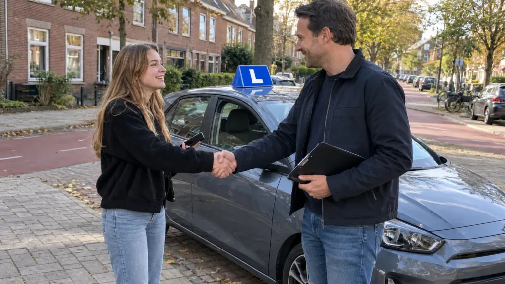 Rijschool kiezen: leerling en instructeur geven elkaar een hand bij de lesauto voor de proefles