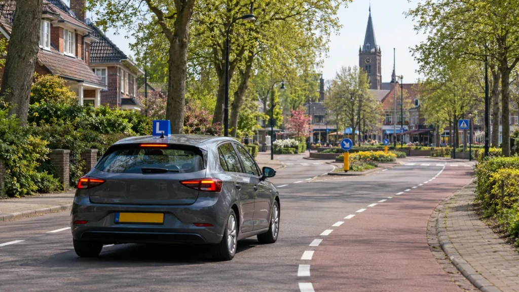 Rijschool Bilthoven: lesauto in een straat met het dorpscentrum van Bilthoven op de achtergrond