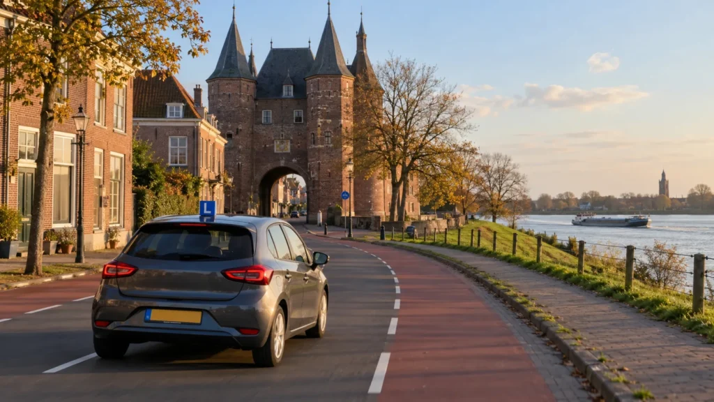 Rijschool Culemborg: lesauto op de dijk bij een stadspoort in Culemborg