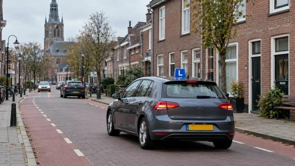 Rijschool IJsselstein: lesauto in een straat met de kerktoren van IJsselstein op de achtergrond