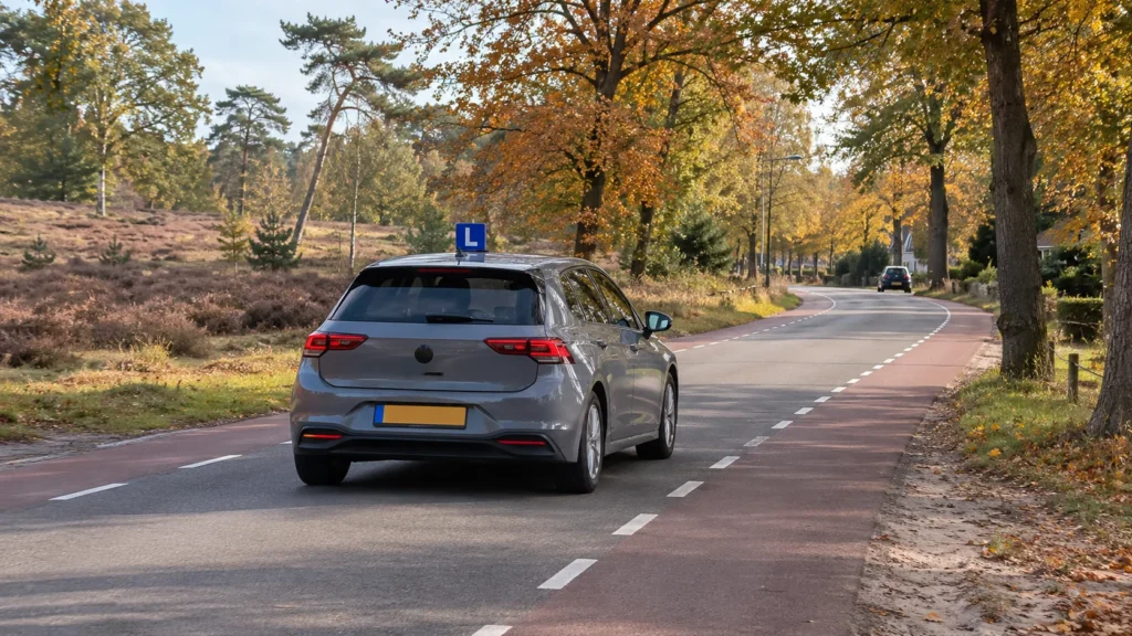 Rijschool Soest: lesauto op een weg langs de bossen en de heide bij Soest