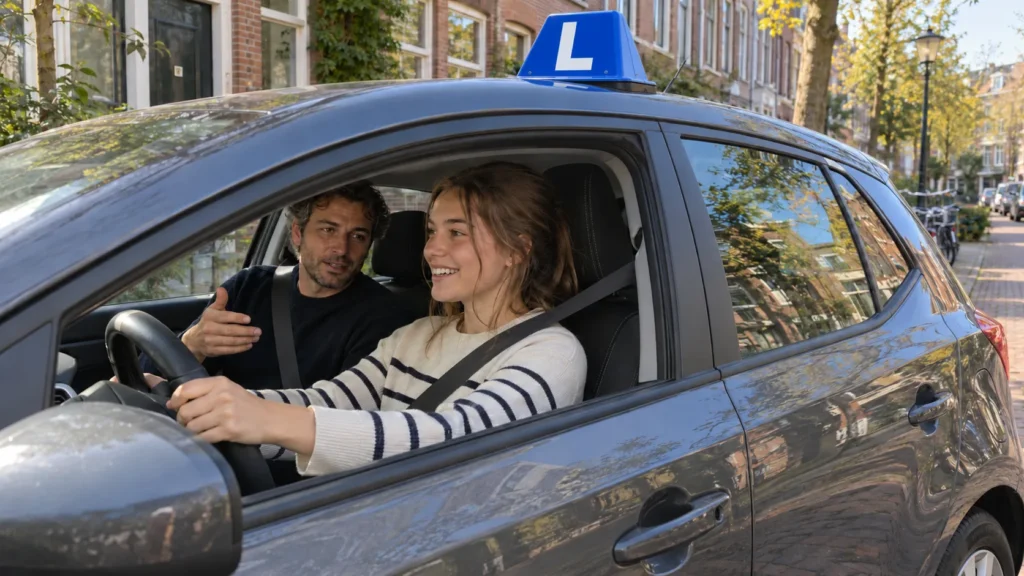 Rijbewijs halen: leerling achter het stuur met haar instructeur naast zich in een lesauto in Utrecht