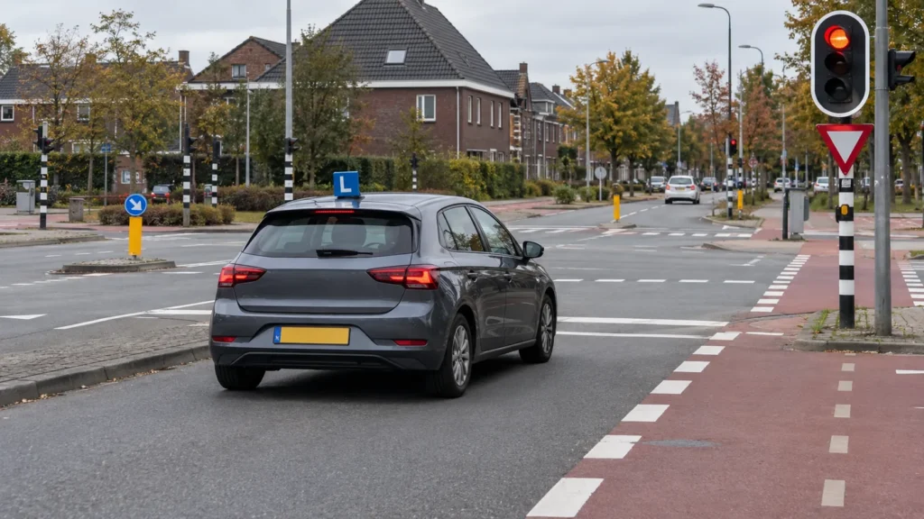 Rijschool Leusden: lesauto op een kruispunt met verkeerslichten en fietspaden in Veenendaal