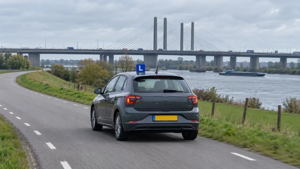 Rijschool Mijdrecht: lesauto op de dijk met de Lekbrug bij Vianen op de achtergrond