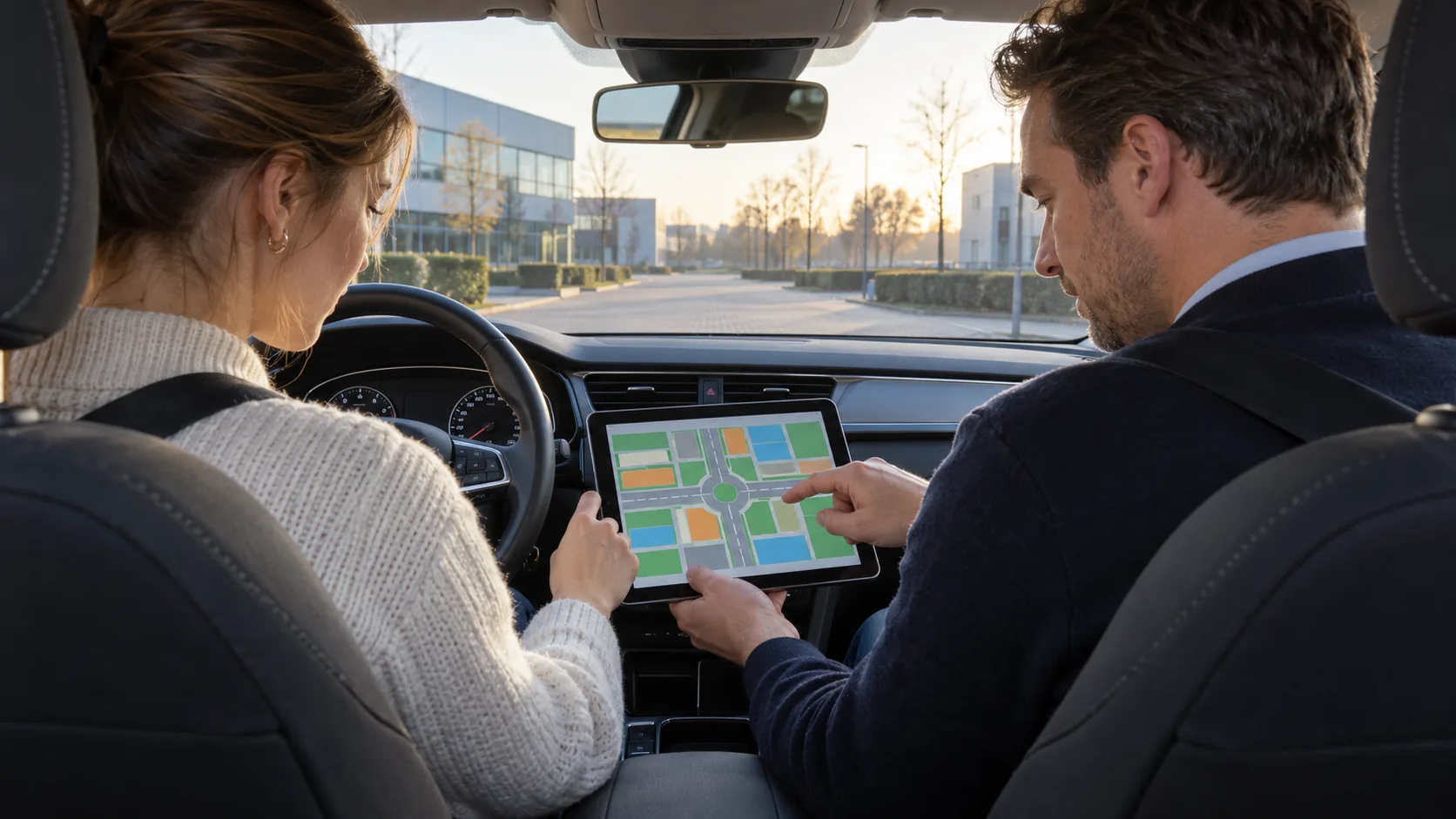 Leerling en instructeur bekijken de lesplanning op een tablet in de lesauto