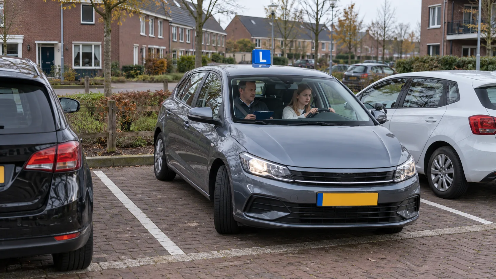 Leerling parkeert de lesauto tijdens een toets